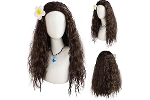 FOUNSHO Princess Disfraces Peluca con Flor para Adulto, Princess Cosplay Accesorios Peluca Princesa Mujer Largo Rizado Marrón Pelucas para HalloweenCosplay Carnaval (Marrón)