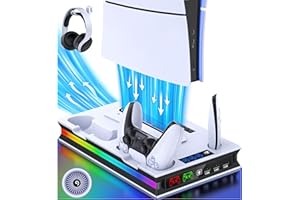 HEYLICOOL PS5/PS5 Slim/Pro Stand Cooling Fan with RGB,PS5 Accessories for PlayStation 5 Disc or Digital with Dual Controller Charging Station-3 Level PS5 Cooling Fan with Headset Holder,3 USB Hub