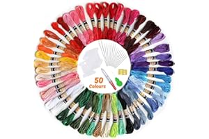 elloLife 50 Madejas-Hilos de Bordado, Kit con 12 Tablero Blanco de la Bobina para Organizar Hilos Punto Cruz Hacer Pulsera de la Amistad, Manualidades Costura, Colores Arco Iris