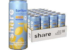 ‎SHARE share Bio Spritzer Zitrone – 1 kcal pro 100 ml – Wasser mit Geschmack ohne Zucker (24 x 330ml) – Ohne Zusatzstoffe – Bio-Mineralwasser mit Zitrone – Spendet 1 Tag Wasser