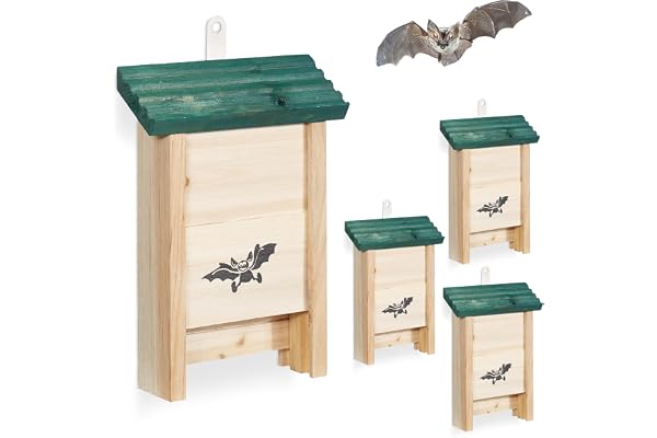 Relaxdays Nichoir à Chauves-Souris, Lot de 4, Bois Non traité, H x L x P : 25 x 18 x 6 cm, Naturel/Vert