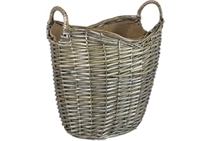 The Pescara Collection Oval Grey & Antiqued Wicker log baskets. Hessian lined. Wood & kindling storage for home hearths and fireplace. Large wood burner bin (Hoop Handle, 52 cm)
