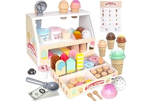 KIYTARBOO Lodziarnia dla Dzieci Drewniana 49 Sztuk, Akcesoria do Kuchni Dziecięcej, Zabawka z Pieniędzmi do Zabawy, dla Chłopców i Dziewczynek 2-6 Lat