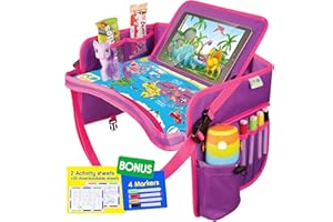 ECOFANTASY Kids Travel Tray - Waterproof Lap Table with No-Drop Large Tablet Holder - Car Seat Tray - Road Trip Essentials Kids - Car Desk Organizer for Airplane - Toddler Travel Essentials (Pink)