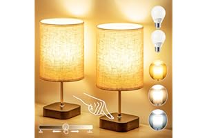 PBGMRT Touch Bedside Lamps Set of 2 - Stepless Dimmable Table Lamp with Beige Linen Lampshade 3-Colour Small Nightstand Lamps for Bedroom Living Room (Bulbs Included)