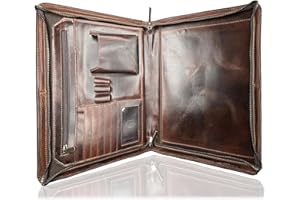 Rustic Town Leather Document Holder A4 Portfolio Conference Folder - Zipper Padfolio Organiser - Travel Business Certificate Folder with Pen & Card Slots for Men & Women