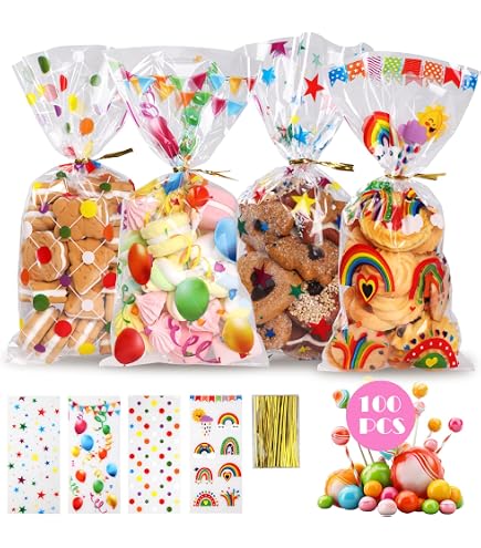 100 pezzi Sacchetti Cellophane sacchetti 15 x 25 cm Trasparenti in plastica Sacchetti per Caramelle per confezionamento con 100 pezzi di colori misti Twist cravatte