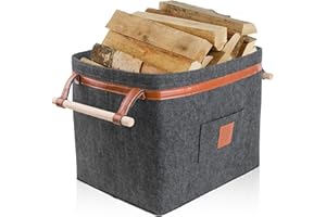 Photener Cesto Porta Legna in Feltro, Cesta Porta Legna da Ardere con Manico in Legno Massiccio, Cesta per Legna in Feltro[100% Plastica Riciclata], Grigio Scuro