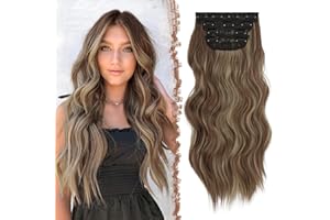 FESHFEN Extension Capelli a Clip 4PCS Lunga Clip in Hair Extension Capelli Estensioni Clip Ricci Ondulati Sintetici Posticci Capelli Extension con Clip per Donna 50 cm, Marrone misto Biondo