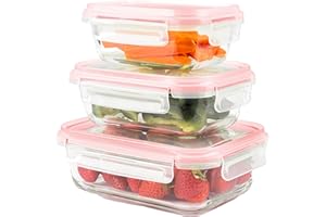 Home Fleek Recipientes de Cristal para Alimentos Hermeticos con Tapa - Tapers para Comida Hermetico, Ahorro De Espacio Recipientes para Alimentos para Microondas, Horno Y Congelador (Pack 3, Rojo)
