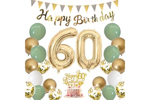Moorle Salbeigrüne 60. Geburtstag Deko für Frauen und Männer - Grün Weiß Gold Luftballons, Party Ballons mit Banner Flaggen, Tortendeko für 60. Dekoration