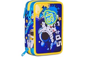 SJ GANG STYLE JAM GANG Astuccio Scuola 3 Zip,Blu e Giallo, Portapenne Triplo Scomparto Completo Di Penne, Matite, Colori, Accessori Zaino, Scuola Elementare, Bambino