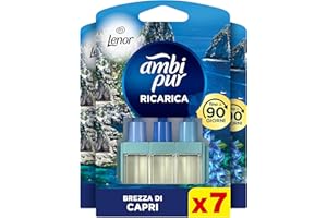 Ambi Pur 3Volution Profumatore per Ambienti, 7 Ricariche per Diffurore Elettrico, Fragranza Lenor Brezza di Capri, Tecnologia Elimina Odori, Fino a 90 Giorni di Profumo per Ricarica