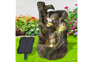 Fontaine de Jardin Solaire avec Batterie Li-ION et Lumière LED Très Décorative en Forme de Courbes d'arbre et Cascade en Pierre - Déco Original pour Jardin, Terrasse, Balcon - avec Pompe