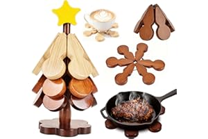 DREPINT Untersetzer Holz, Weihnachtsbaum Untersetzer, 3 Holzuntersetzer + 1 Ständer +1 Stern Deko, Topfuntersetzer Tischdeko Weihnachten, Wiederverwendbare Topfuntersetzer für heiße Gerichte Teller Töpfe
