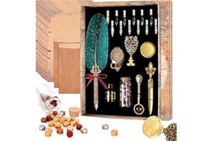 MPRINCE Quill Pen-Feather Calligraphy Pen Ink Set.Includes Feather Dip Pen.Ink.12 Replacement Nibs.Pen Holder.2 envelopes.8 sheets of envelope paper.Tree of Life Seal(Dark Green)