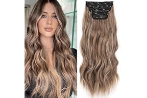 Mscat 24 Inch Clip Hair Extensions Dark Brown with Blonde Clip in Hair Extensions Synthetic Hair pieces 4PCS Full Head Set Thick Curly Wavy Synthetic Hair Extensions for Women(8AH18)