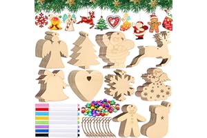 NEMMXUB 248Stück Holz Deko zum Aufhängen,10 Arten DIY Basteln Holzanhänger Dekohänger zum Bemalen mit 80 Fäden,80 Glöckchen, Acrylstifte für Weihnachtsschmuck Weihnachtsanhänger Baum Geschenkanhänger