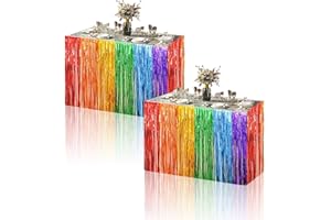MIENOCOL 2pcs Rainbow Party Table Skirt Grass Table Skirt,Rainbow Metallic Tinsel Foil Fringe Table Skirts Rainbow Table Decorations for Birthday Baby Bridal Shower Unicorn Pride Party Table Decorations