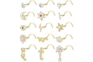 Adramata 15 Pcs 20G Piercing Nez Anneau de Nez pour Femme Homme Piercing Nez en Acier Chirurgical L/Vis en Forme de Serpent Fleur Clous de Nez Argent Or Piercing au Nez Bijoux