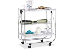 Relaxdays Foldable Serving Trolley, 4 Wheels, 2 Shelves, Basket, HxWxD: 68.5 x 68 x 40.5 cm, Kitchen Cart, White
