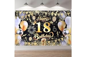 ANOMM 18. Striscione di compleanno in oro nero, decorazione per il 18° compleanno, per interni ed esterni, decorazione di compleanno extra grande (180 x 110 cm)