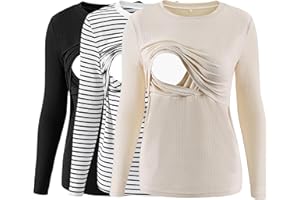 Love2Mi 3er Pack Damen Stillshirt Gerippte Langarm stilltops Doppellagige Umstandsmode Tshirt Umstandskleidung