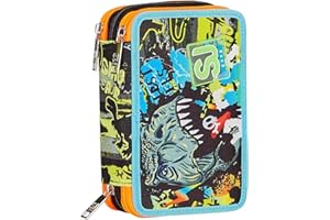 SJ Gang STYLE JAM GANG Astuccio Scuola 3 Zip, Nero, Verde, RexMe, Portapenne Triplo Scomparto Completo Di Penne, Matite, Colori, Accessori Zaino, Elementari, Medie, Bambino