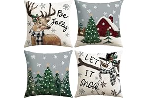 Artscope Poszewka na poduszkę z bałwanem i łosiem, zestaw 4 lnianych poszewek na poduszkę na sofę do domu, salonu, sypialni, Boże Narodzenie, dekoracja domu, 40 x 40 cm (biały)