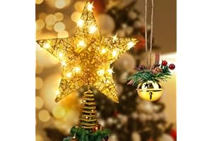 Aoreun Estrella para arbol de Navidad, con pequeñas Campanas, 30cm Estrella para el árbol de Navidad, 20 Luces LED Estrella Star Treetop Light Decoración de Navidad Pentagram - (Gold)