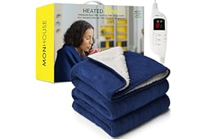 MONHOUSE Heated Throw - Electric Blanket - Digital Controller - Timer up to 9 hours, 9 Heat Settings, Auto Shutoff - Machine Washable - Single 130X160cm - NAVY SHEARLING