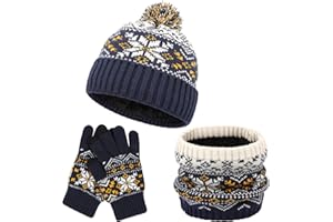 QKURT Ensemble de Bonnets d'hiver pour Enfants, 3 en 1 épaississants, Doux Thermiques Bonnets Tricotés avec Chauffe-cou à Pompons Ensembles d'accessoires pour Gants Magiques pour Garçons et Filles