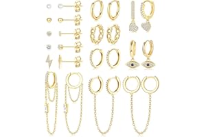 JeweBella 12Paires Petite Boucles d'Oreilles Femme Acier Innoxydable Mini Boucles d'Oreilles Creoles Pendantes avec Chaîne Hypoallergénique Pearl Zircon Coeur Evil Eye Boucles d'Oreilles Or/Argent