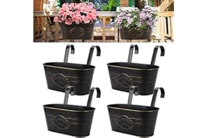 Fippy 4PCS Large Hanging Flower Pots, Metal Hanging Planter Pots with Detachable Hook, Fence Hanging Plant Pots for Balcony Railing Garden Decor (Vintage)