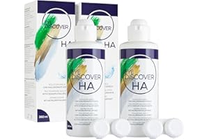 EYE DISCOVER, Líquido Lentillas con Ácido Hialurónico, Solución Única para Lentes de Contacto Blandas, Desinfecta, Elimina las Proteínas, Humecta y Aclara, 2 Botellas de 360 ml y 2 Portalentillas