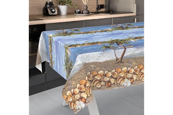 Nappe en Toile cirée, Lavable, pour Table de Jardin, extérieur, intérieur, 240 x 140 cm, Bord coupé, Vacances