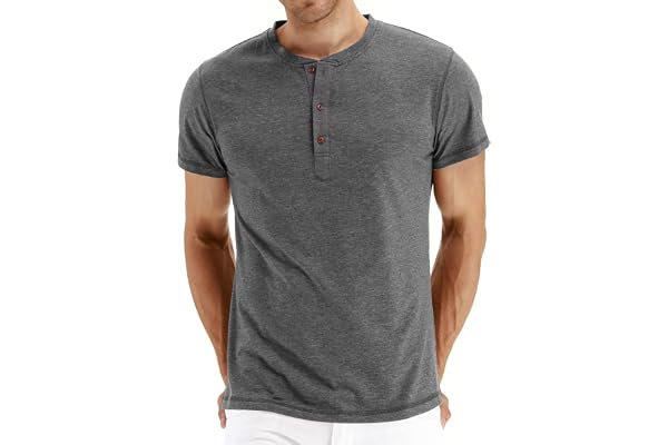 Hisir Tee Shirt Homme en Coton Henley T-Shirt Col Rond avec Manches Courtes et Longues Col Tunisien et Boutons pour Homme