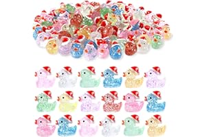 JOLCEEY 50pcs Christmas Mini Ducks, 10 Colors Resin Mini Glitter Ducks Little Small Tiny Plastic Twinkle Ducks with Christmas Hat for Christmas Party Bag Fillers Indoor Decoration