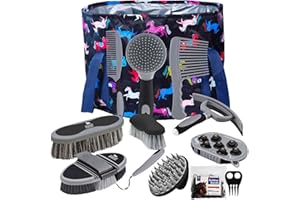 Harrison Howard Kit de toilettage pour chevaux - 11 pièces - Série Equine Care - Ensemble de brosses pour chevaux avec sac fourre-tout - Fournitures de salle de bain - Outils de massage - Noir
