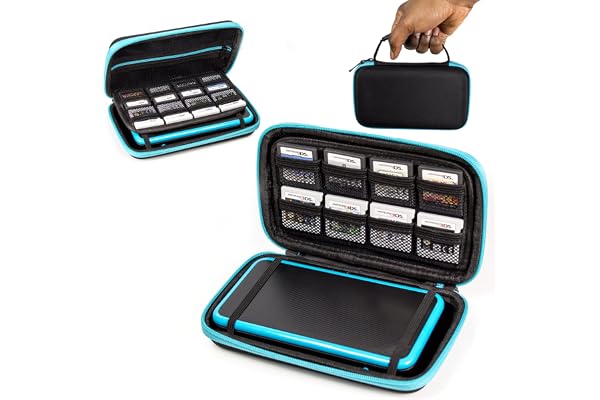 Orzly 2DS XL Case, Etui pour New Nintendo 2DS XL – Housse Rigide de Rangement Zippée en Matériau Durable Anti-Choc pour la Console New 2DS XL et Ses Accessoires - Bleu sur Noir