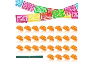 ATHEM Diwali Decorations for House - 30 Pcs Artificial Marigold Flowers Head with Stems & 1 Pcs Day of The Dead Banner, Orange Marigold Bunches