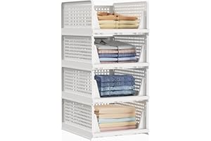 HOMIDEC Wardrobe Storage Organiser, 4 Pack Folding Stackable Storage Drawers Baskets Boxes, Plastic Closet Cupboard Organiser Shleves for Clothes Bedroom Wardrobe