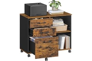 VASAGLE 3 Drawer File Cabinet Mobile File Cabinet Lateral Open Compartments for A4, Letter Documents, Printer Stand, Industrial, Rustic Brown and Black OFC041B01