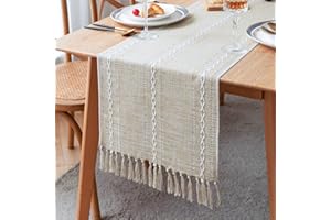 LOMOHOO Camino de mesa de lino con borla hecha a mano, bordado estilo granja, 240 cm de largo para fiesta, comedor, decoración de habitación, 240 x 33 cm