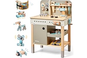 MEDOGA Banco de herramientas para niños, juego de herramientas de juego de madera con cinturón de herramientas para niños, banco de trabajo para niños, juego de herramientas de construcción de simulación