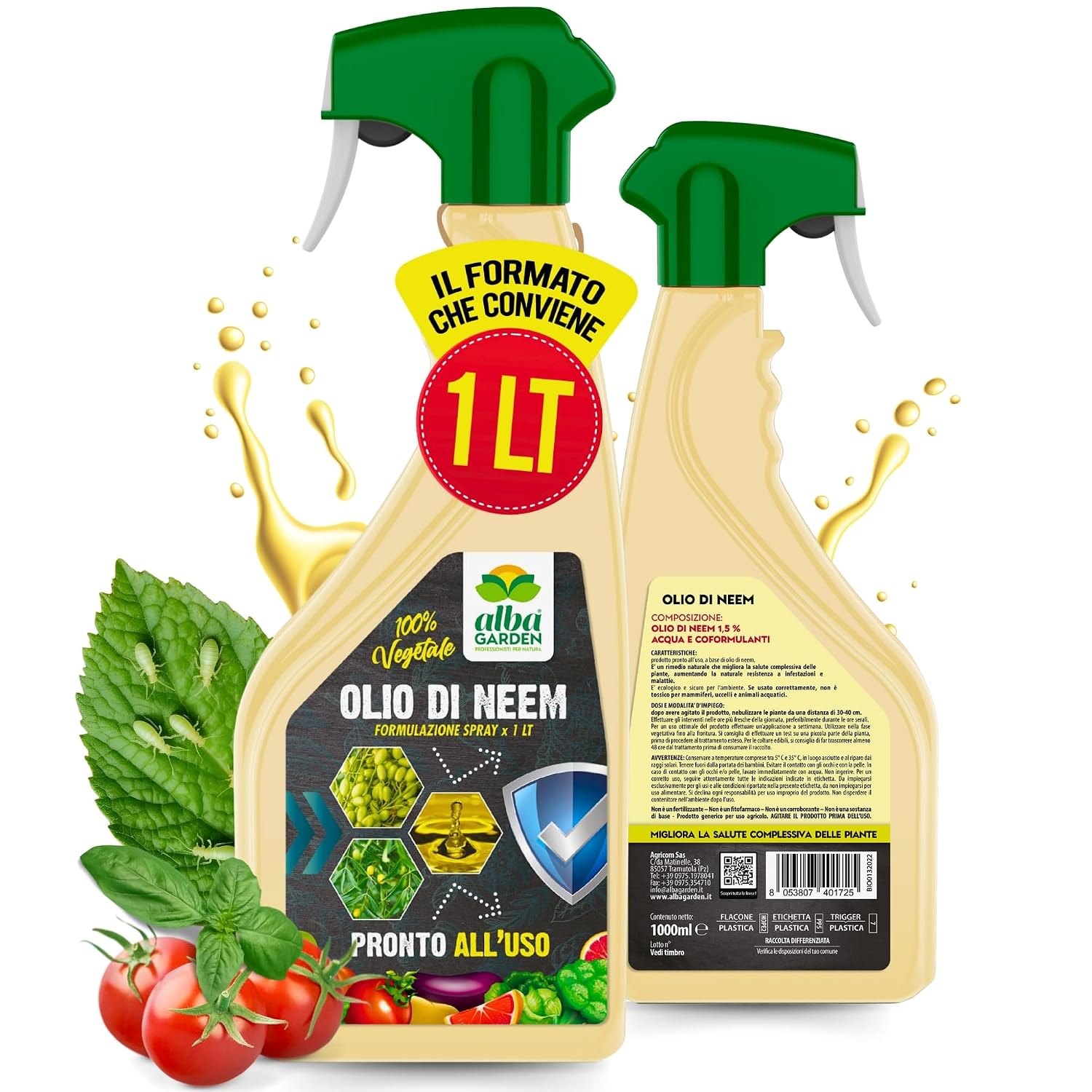 Albagarden - Olio Di Neem Per Piante - MAXI x 1 Litro - Naturale Concentrato, Contro Insetti Funghi Cocciniglia, Acari Afidi Pulci, Cimici, Pidocchi - Spray Pronto Uso