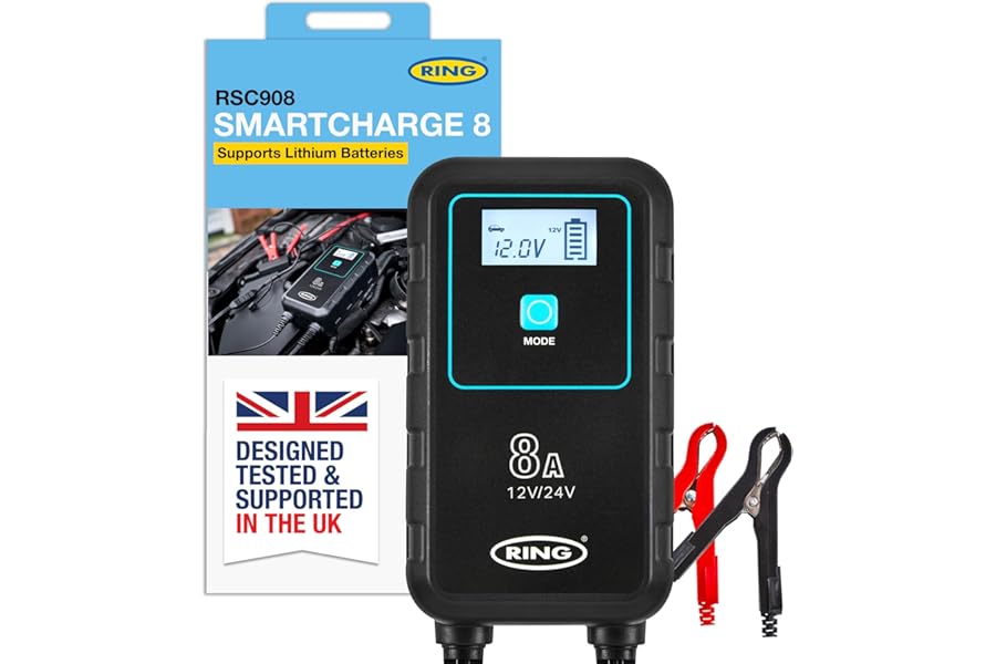 RING SMARTCHARGE 8A Car Charger & Maintainer With Crocodile Clips & Built-In Hanging Hook - Compatible With Lithium Ion, Lead Acid, Gel, Calcium, EFB & AGM Batteries