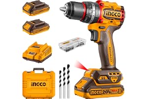 INGCO 20V Cordless Impact Drill 66NM, Brushless Motor, 22+1+1, 30000 bpm, Electric Drill With 2Pcs Battery And Charger, 47 Pcs Drill Bits, Packed by Carrying Case
