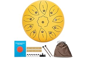 BQKOZFIN 6 Inch Steel Tongue Drum 11 Notes Hand Drum Percussion Instrument with Drum Mallets, Mallet Stand, Carry Bag, Tutorial Book, Note Stickers, Finger Cots for Meditation Yoga (Gold)