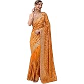 TRENDMALLS Women's Satin Embroidery With Sequence Work Saree with Unstitch Blouse Piece For Women